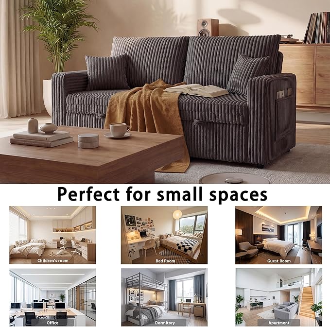 65'' Convertible Sofa Bed3-in-1 Pull Out Couch with USB Charging Port &amp Swivel Side TableCorduroy Fabric Loveseat Sleeper Couches with Adjustable Backrest for Living RoomEasy AssemblyGrey