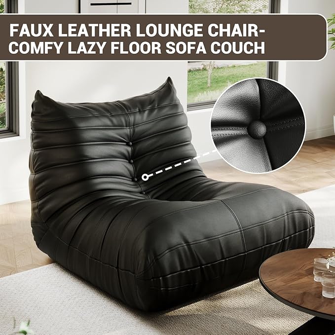 Lazy Floor SofaFireside ChairBig Bean Bag Ottoman with Memory Foam Filled for Living RoomBlack