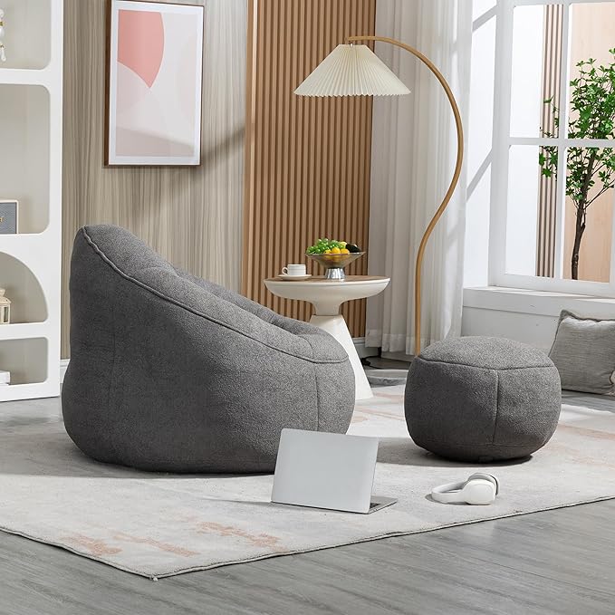 Small Bean Bag Chairs for Adults Single Sofa Chair with Ottoman Footrest Bean Bag Couch for Teens with Foam Filler Included Comfy Soft Lazy Sofa for Small Space/Living Room/Bedroom/Study