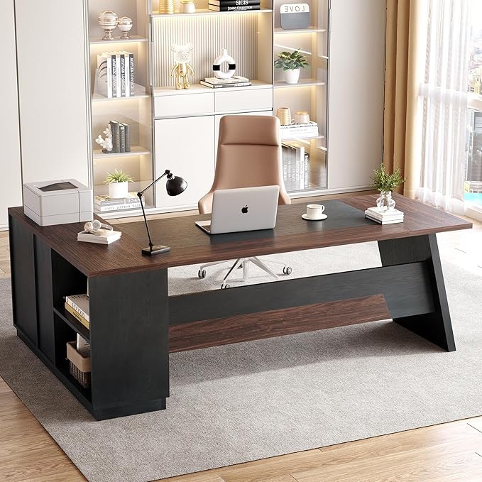 LITTLE TREE 78-Inch Executive Office Desk with File Cabinet Large Modern Corner Office Desk for Home Office 3-Drawer Wood File Cabinet Spacious Workstation for Home Office (Brown &amp Black)