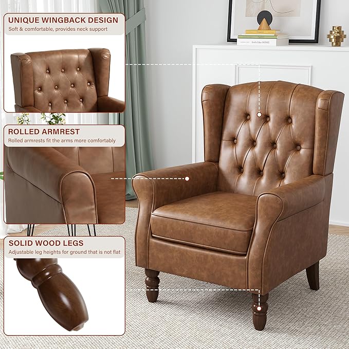 High Back Accent Chair Faux Leather High Wingback Chair for Living Room Button-Tufted Upholstered Armchair with Solid Wood Legs Comfy Single Sofa Reading Chair for Bedroom Brown