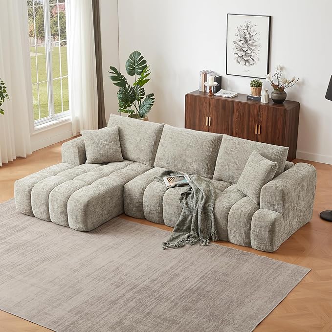 Khaki 108 Modular Sectional Sofa with Left Facing Chaise L Shaped Couch with Deep Seat Cloud Foam Couch Plush Chenille Sofa No Assembly Needed for Living Room