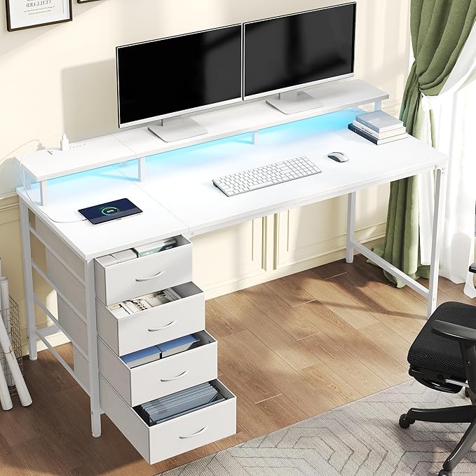 DUMOS 47 Inch Computer Desk with 4 Drawers4 Drawer Gaming Desk with with Power Outlets and LED LightsOffice Desk for Small Spaces with Monitor ShelfWriting Desk for Home OfficeBedroom StudyWhite