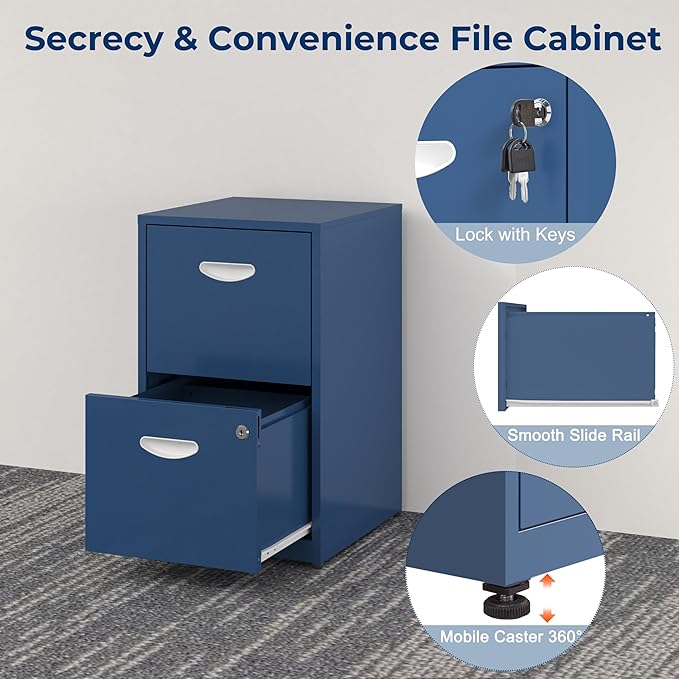 2 Drawer File Cabinet with Lock Metal File Cabinets for Home Office Under Desk Storage Printer Stand Office File Cabinets for Letters and File Boxes Assembly Required Blue