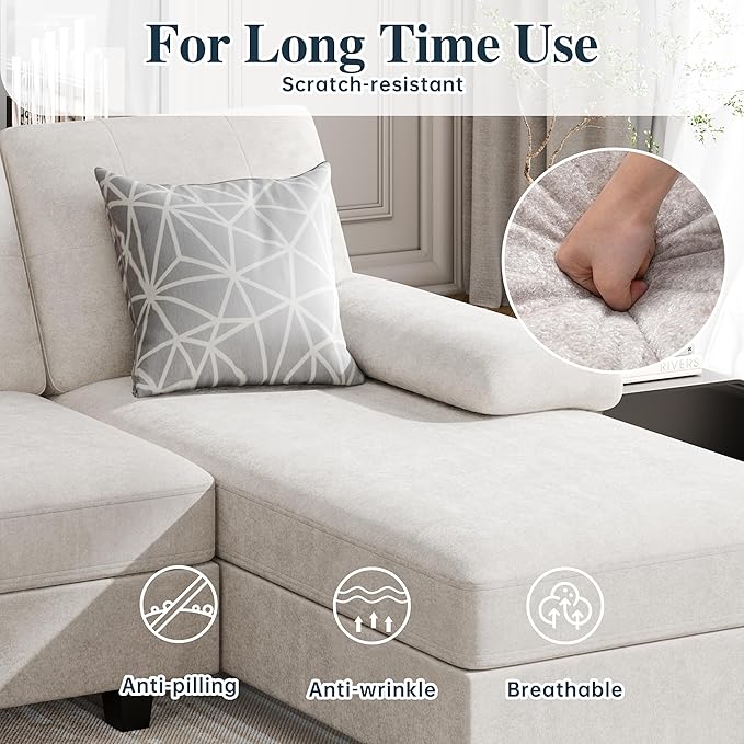 Meilocar 106 U Shaped Sectional Sofa for Living Room 4-Seat Fabric Couch with Double Chaise Longue Comfortable Large Sectional with 300lbs Capacity per Seat for Apartment &amp Home Pure White