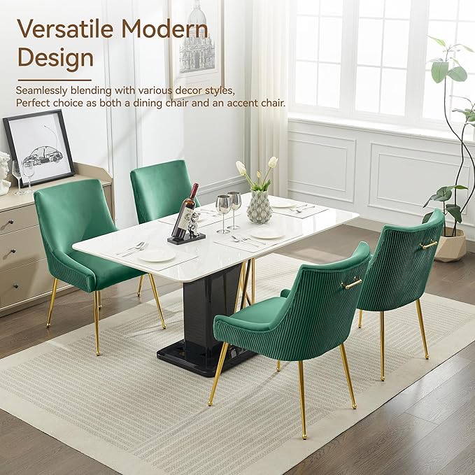 Velvet Dining Chairs Set of 6 Gold LegsUpholstered Velvet Accent Chairs Pleated Back Design &amp Gold Pull Handle Mid Century Modern Chairs for Dining/Kitchen/Living RoomGreen