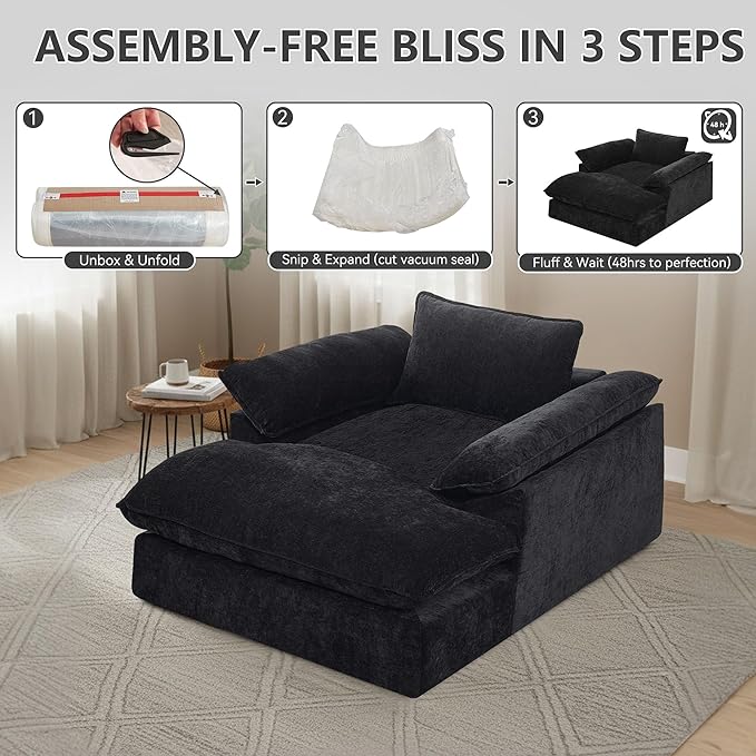 57 Oversized Boneless Chaise Lounge Chair with Ottoman Indoor Comfy Chenille Upholstered Sofa Bed with Armrest No Assembly Deep Seat Sleeper Armchairs Couch for Living Room Bedroom Dark Grey