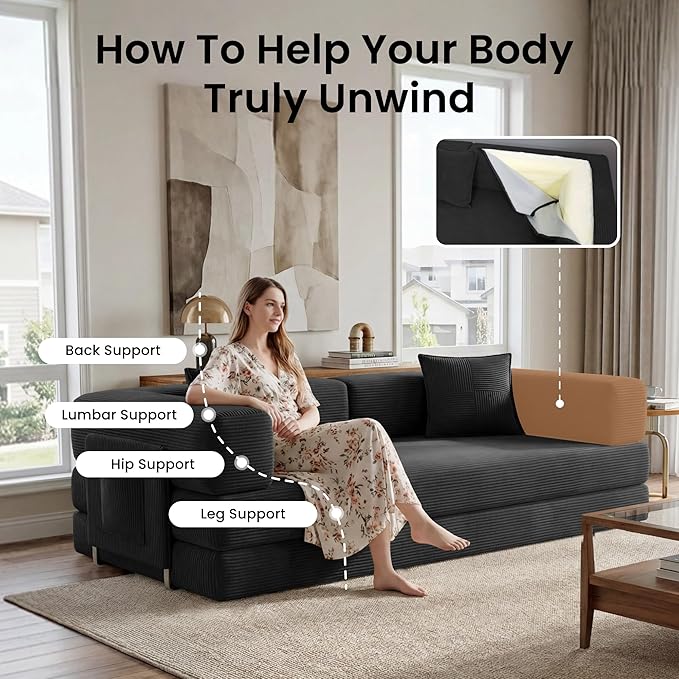 Belhome 78.8 Convertible Sofa Bed Futon Sofa Bed with Side Pocket Corduroy Pull Out Futon Sofa Boneless Couch for Living RoomsNo Assembly Required Midnight