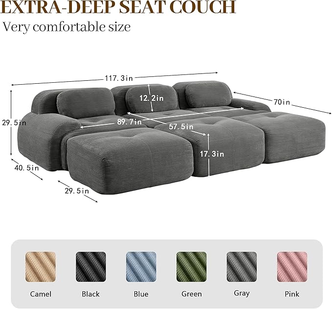 Boneless Sectional Couch No Assembly Required 117.3” Modular Cloud Sofa with Pillow and Ottoman Deep Seat Corduroy Couch for Living Room Bedroom Office Apartment