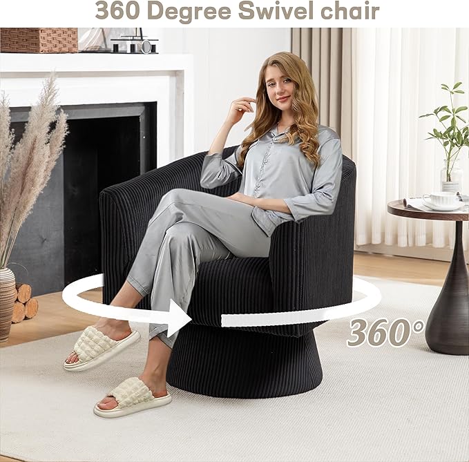 Swivel Accent Chair Modern 360° Barrel Chair Corduroy Upholstered Single Sofa for Living Room Bedroom(Black)