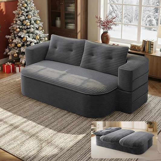 78.7'' Convertible Sleeper Sofa Corduroy Floor Foam Sofa Couch Love Seat Sleeper Bed Modern Folding Futon Couch Foldable Full Size Guest Bed with 2 Pillows and Blanket for Living Room (Dark Gray)