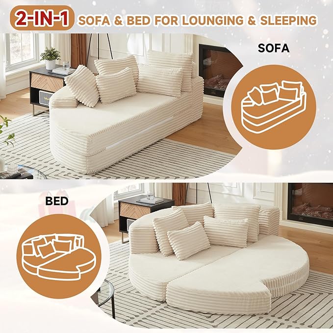 Curved Convertible Futon Sleeper Sofa Bed 78.5 Boneless Couch with Pull-Out Bed Corduroy Semi-Circular Foldable Floor Mattress for Living Room No Assembly Required Left Curved Beige