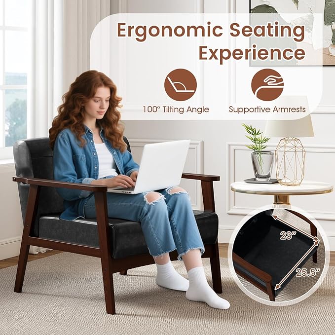 Giantex Mid-Century Modern Accent Chair Oversized Armchair with Rubber Wood Frame Armrest Wide Backrest100° Ergonomic Leisure Chair for Living Room Bedroom Office
