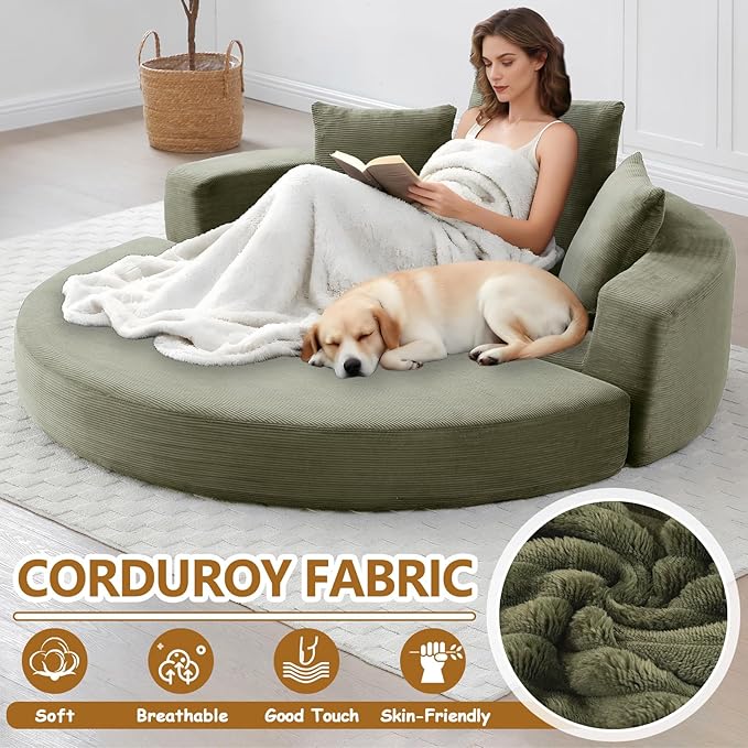 67'' Circular Convertible Compressed Sofa Bed Green Corduroy Floor Lounge Round Boneless Couch Loveseat Sleeper Sofa Couch with 3 Cushions No Assembly for Apartment Bedroom