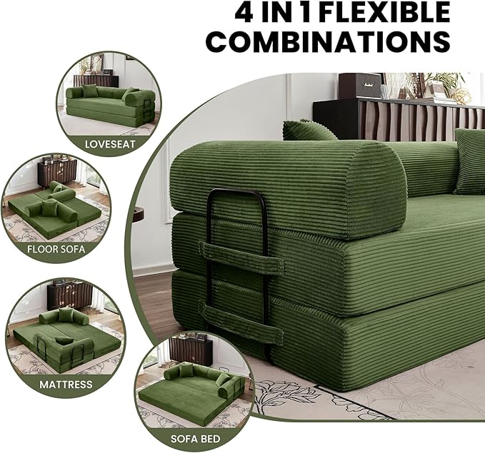 79 5-in-1 Convertible Sofa Bed Premium Sleeper with Reinforced Frame &amp Plush Corduroy No Assembly Modular Couch for Lounge Guest Room &amp Small Space Olive Green