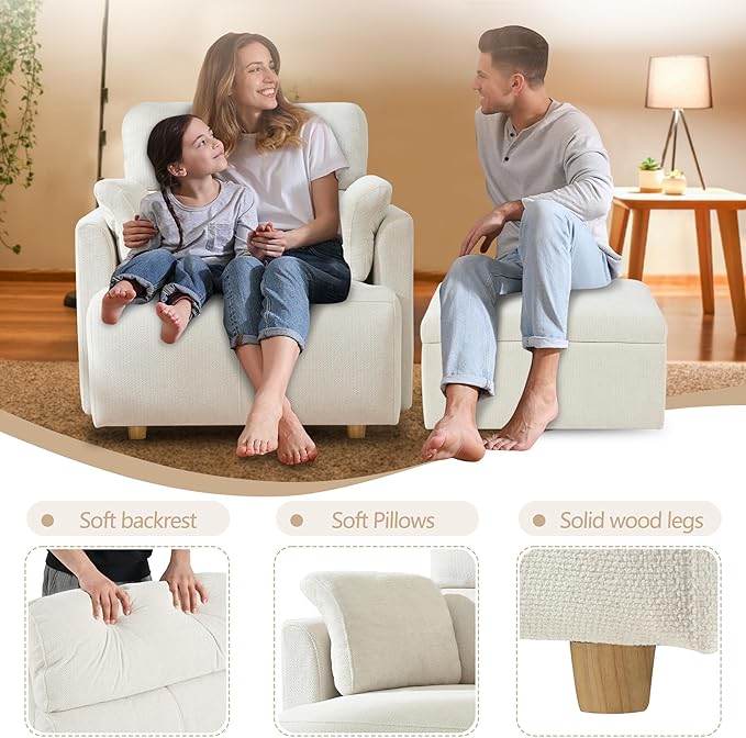 Oversized Accent Chair with Storage Ottoman Lounge Armchair with 2 Arm Pillows Deep Seat Chaise for Living Room Bedroom Beige