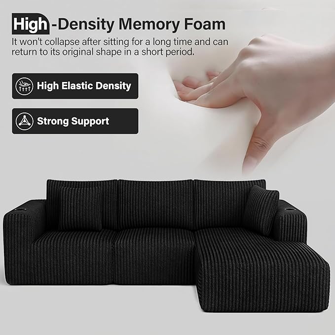 DURASPACE Modular Sectional Sofa Cloud Boneless Couch with Deep Seat Cup Holder Memory Foam Corduroy L Shaped Couch Convertible Sofa Bed for Living Room Bedroom No Assembly Required