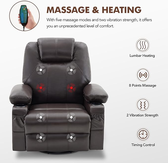 Oversized Swivel Rocker Recliner Chair with Heat and Massage 360 Degree Swivel Rocking Single Sofa with Cup Holders and USB Port Large Big Recliner Chair for Living Room(Leather Dark Brown)