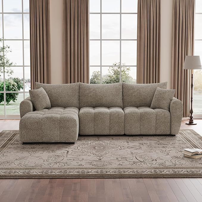 110 L Shaped Modern Boucle Sofa Modular Sectional Cloud Couch with Ottoman Tufted 4-Seat Deep Seat Sofa with Pillows for Living Room Bedroom and Apartment Light Brown