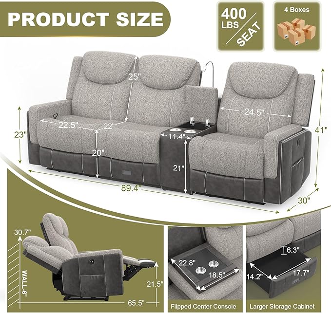 Recliner Sofa 2 - Way Multi - Function Manual 3 Seater Couch with Cup Holders Storage &amp USB Ports Modern Multifunctional Sofa Grey Linen &amp Leather Reclining Couch for Living Room