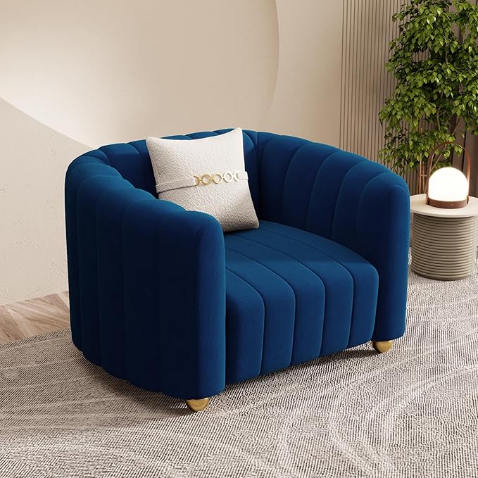 Modern Blue Velvet Sofa Chair for Living Room 42 Single Sofa with Gold Metal Sphere Legs (Blue 1S)
