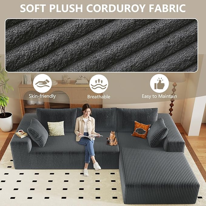 96 Cloud Sectional Couch with L-Shaped Chaise Modern Corduroy Sectionals Couches with Deep Seat Boneless Sofa 3 Seater for Living Room No Assembly Required (Dark Grey Right Facing Chaise)