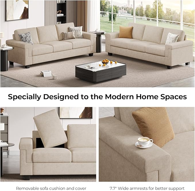 3 Seater Sofa Couch with Deep Seat 90 Modern Upholstered Sofa with Armrests Easy Installation Comfy Couches for Living Room Apartment Beige