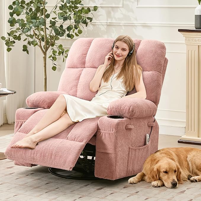 IDEALHOUSE Rocking Recliner Chair with Heat 38.5 Oversized Swivel Rocker Recliner with Massage Side Pockets &amp Cup Holders Reclining Sofa for Living Room Bedroom (Pink Linen)
