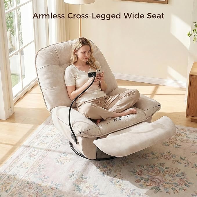 Swivel Rocker Recliner Chair for Adult Glider Nursery Rocking Chair Armless Single Recliner Sofa for Living Room Oversized &amp Overstuffed Phone Holder Included Beige