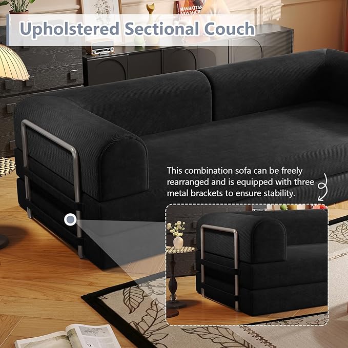 Folding Boneless Couch Convertible Sleeper Sofa Bed Futon Lounge Chair Boneless Corduroy Loveseat with Pull Out Bed Floor Sofa Modular Couch for Living Room Basement Movie Theater RoomBlack