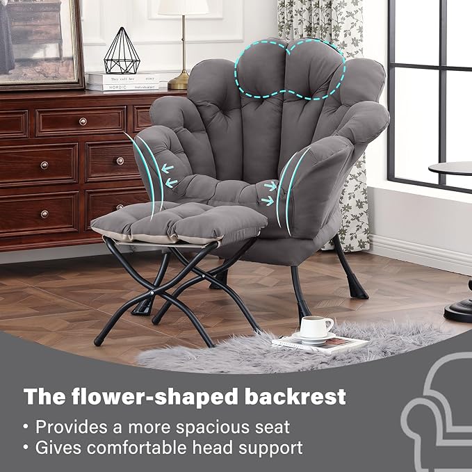Lazy Chair with Ottoman Modern Floral Reading Chair with Folding Footrest Dark Grey Accent Chairs Comfortable Oversized Armchairs for Bedroom Living Room Courtyard