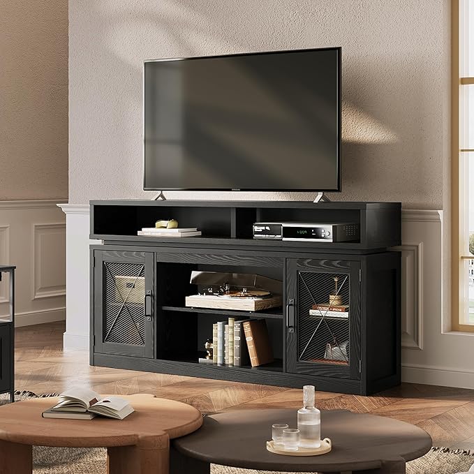 WLIVE Farmhouse TV Stand for TVs Up to 65 Inches Tall Entertainment Center with Storage Cabinets &amp LED Lights Media Console for Living Room Bedroom Home Theater Black