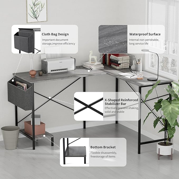 Simple Deluxe L Shaped Desk Gaming Computer 50 Inch Reversible Corner Table PC Work Table for Writing Study Student with Wood Tabletop Metal Frame CPU Stand Side Bag for Home Office Small Place