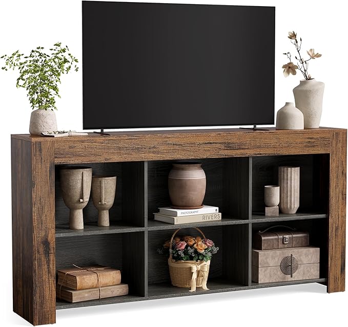LITTLE TREE TV Stand with Storage 63-Inch Entertainment Center with Shelves Modern Media Console for Television up to 65 for Living Room Bedroom Brown + Black