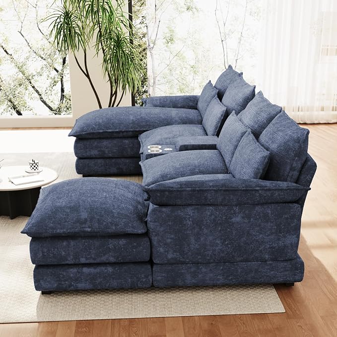 OUYESSIR 135 U Shaped Sectional Cloud CouchBlue Sectional Couches for Living RoomComfy Fluffy Chenille Oversized Cloud CouchModular Sectional Sofa with Central Console &amp Double Chaise Lounge