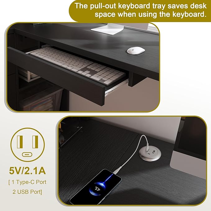 43.3 L Shaped Executive Desk with Hutch and Drawers Farmhouse Home Office Desk with USB Charging Ports Wood Computer Desk for Work and Study Black