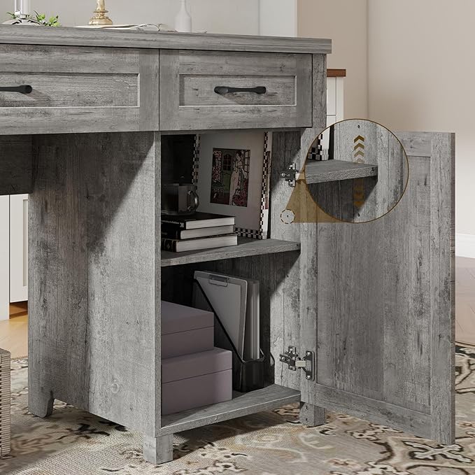 Farmhouse 61'' Executive Desk with 5 Drawers Rustic Office Desk Computer Desk with Charging Station File Drawers and Storage Cabinet Wood Workstation for Study and Home Office(Grey)