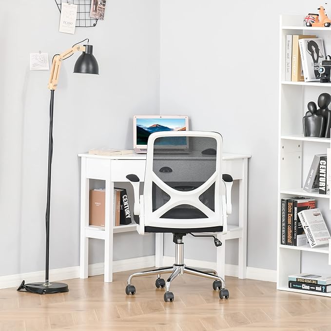 Corner Computer Desk with Drawer and Shelves Space Saving Triangle Design White Compact Home Office Workstation for Small Spaces