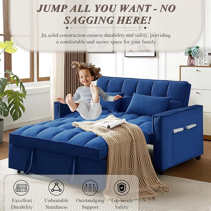 3 in 1 Convertible Sleeper Sofa Bed Futon Couches for Living Room with Side Pocket/Adjustable Backrest Velvet Upholstered Pull Out Couch Small Loveseat Sofa Bed for Bedroom Office Small Spaces
