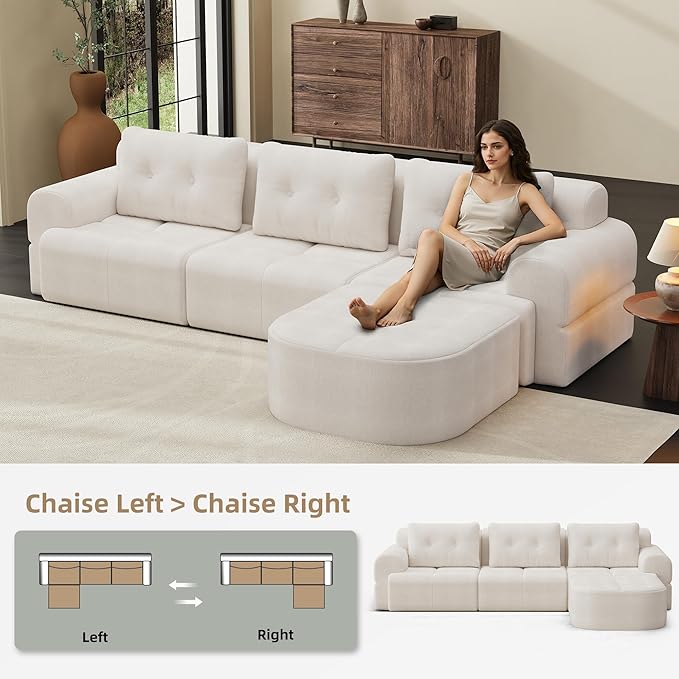 Boneless L-Shaped Modular Couch - 110 Inch Cloud Chenille Compression Sectional SofaNo Assembly Required Ideal for Apartments &amp Living RoomsBeige White