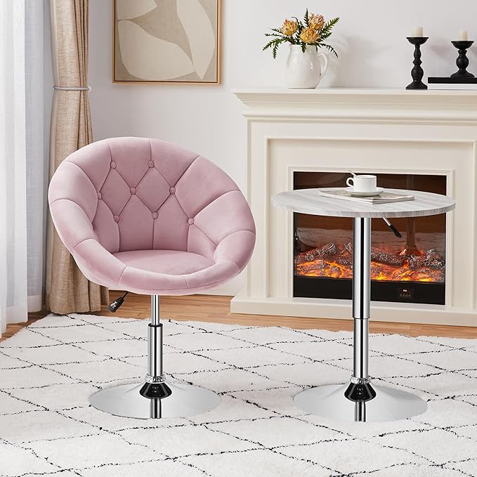 Yaheetech Adjustable Vanity Chair with Round Tufted Back Swivel Velvet Salon Chair for Bedroom Living Room Office Pink