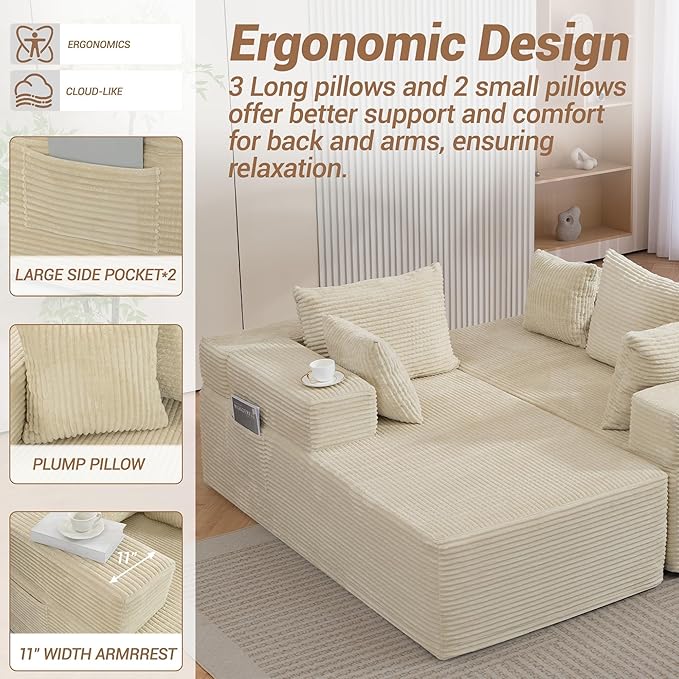 105'' Cloud Sectional Couch Modular L-Shaped Boneless Sectional Sofa Corduroy Deep Seat Couch Small Space Sofas for Living Room Bedroom Apartment No Assembly Beige