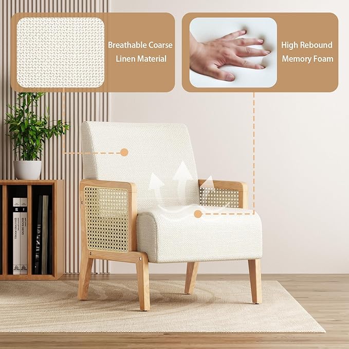 Modern Accent Chair with Rattan Armrest Linen Fabric Arm Chair with Ash Wood Legs White Accent Chair for Living Room Bedroom Balcony