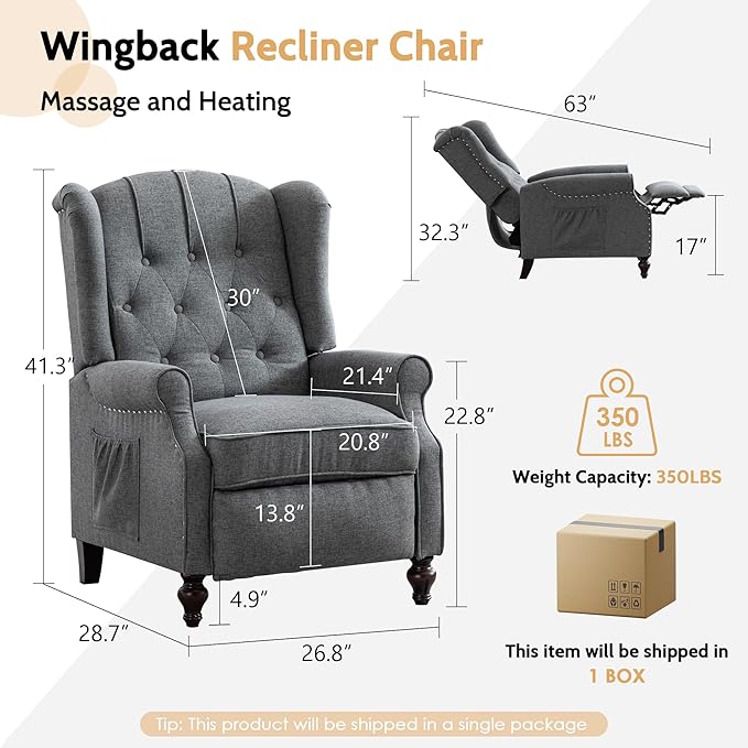 BINGTOO Push Back Recliner Chair with Massage and Heat Mid Century Tufted Fabric Wingback Chair with Rivet Decoration for Living Room Bedroom Gray 1 Chair