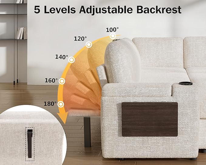 Vipbear 86 Modular Sectional Sleeper Sofa with Pull Out Bed 5 Seat Chenille L Shaped Couch with Reclining Backrest|USB Ports|Cup Holders|Side Table|Storage Seat Armrests Tool Free Assembly Beige