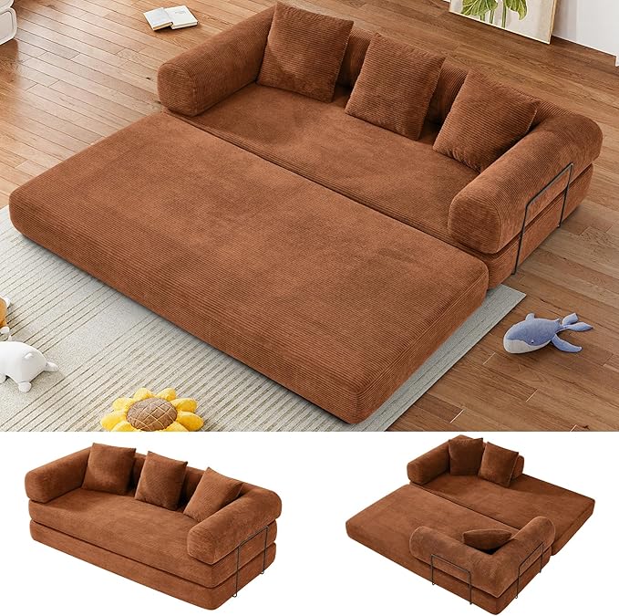 Convertible Sofa Bed Corduroy Memory Foam Compression Sofa Modular Floor Sofa with Pull-Out Bed Compressed Couch in Box Folding Sleeper Couches Bed for Living Room Bedroom Lounge Orange