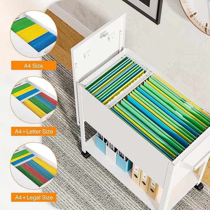 Mobile File Cart 2-Tier Rolling File Cart with Wheels Hanging Files Metal File Cabinet with Lock and Sliding Covers for A4/Letter/Legal Size White