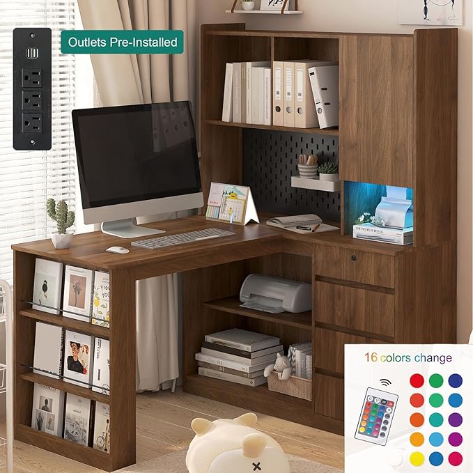 Executive Computer Desk L-Shaped Student Home Bedroom Table Modern Corner Work Writing Desk with LED Light and Storage Drawers and Bookshelf for Bedroom Wood