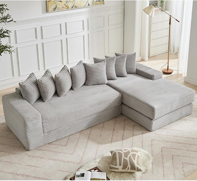 110 L-Shaped Modular Sectional Sofa with Chaise Lounge Corduroy Oversized Convertible Floor Sleeper Sofa Bed with 8 Pillows Modern Deep Seat Boneless Couches (Light Gray 110 + Right Chaise)