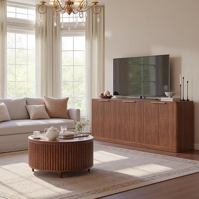 Evermagin 67 Walnut Fluted TV Stand for TVs up tp 75 Mid-Century Modern Entertainment Center with Storage Cabinets and Fluted Doors Wood Media TV Consoles for Living Room and Bedroom Furniture